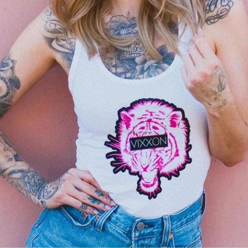 Women’s Vixxon by DIXXON White Tank Top with Vibrant Pink Tiger
